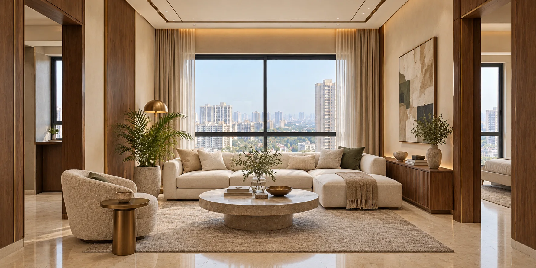 Illustrative concept of a finished contemporary living room with walnut cladding, stone table and marble floor